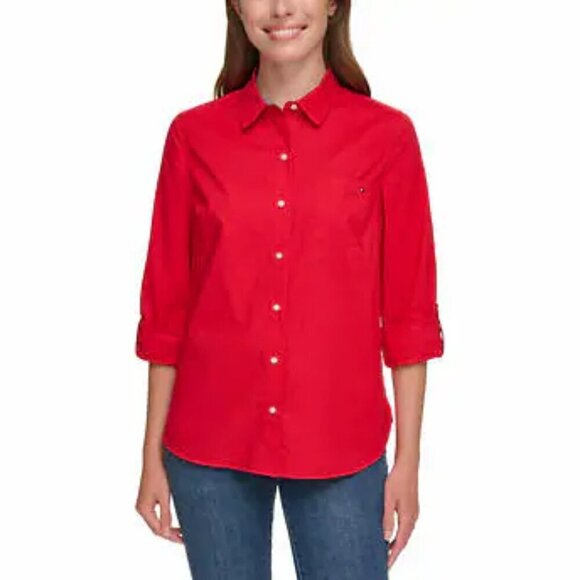 NEW Tommy Hilfiger Roll-Tab Button Up Shirt | Red - Picture 1 of 9
